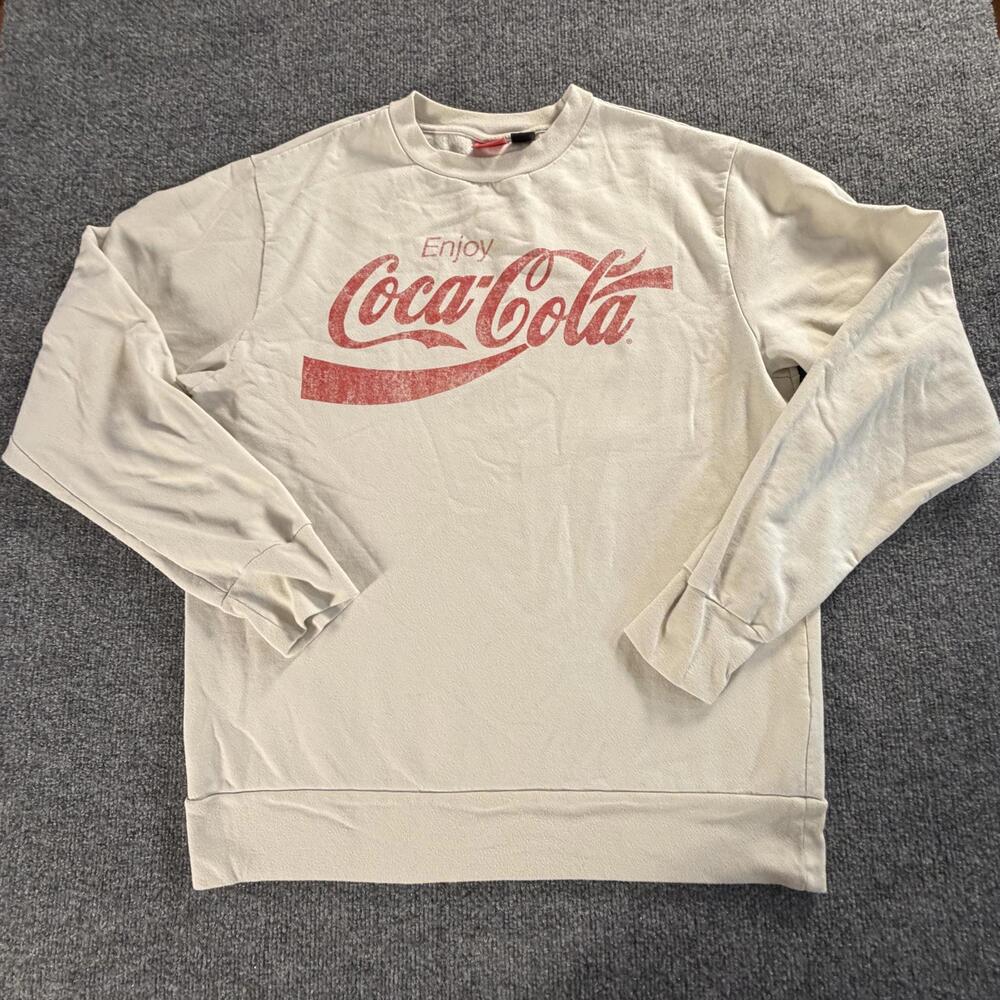 Coca-Cola Mens Graphic Sweatshirt Cream Beige Distressed Logo Pullover #768